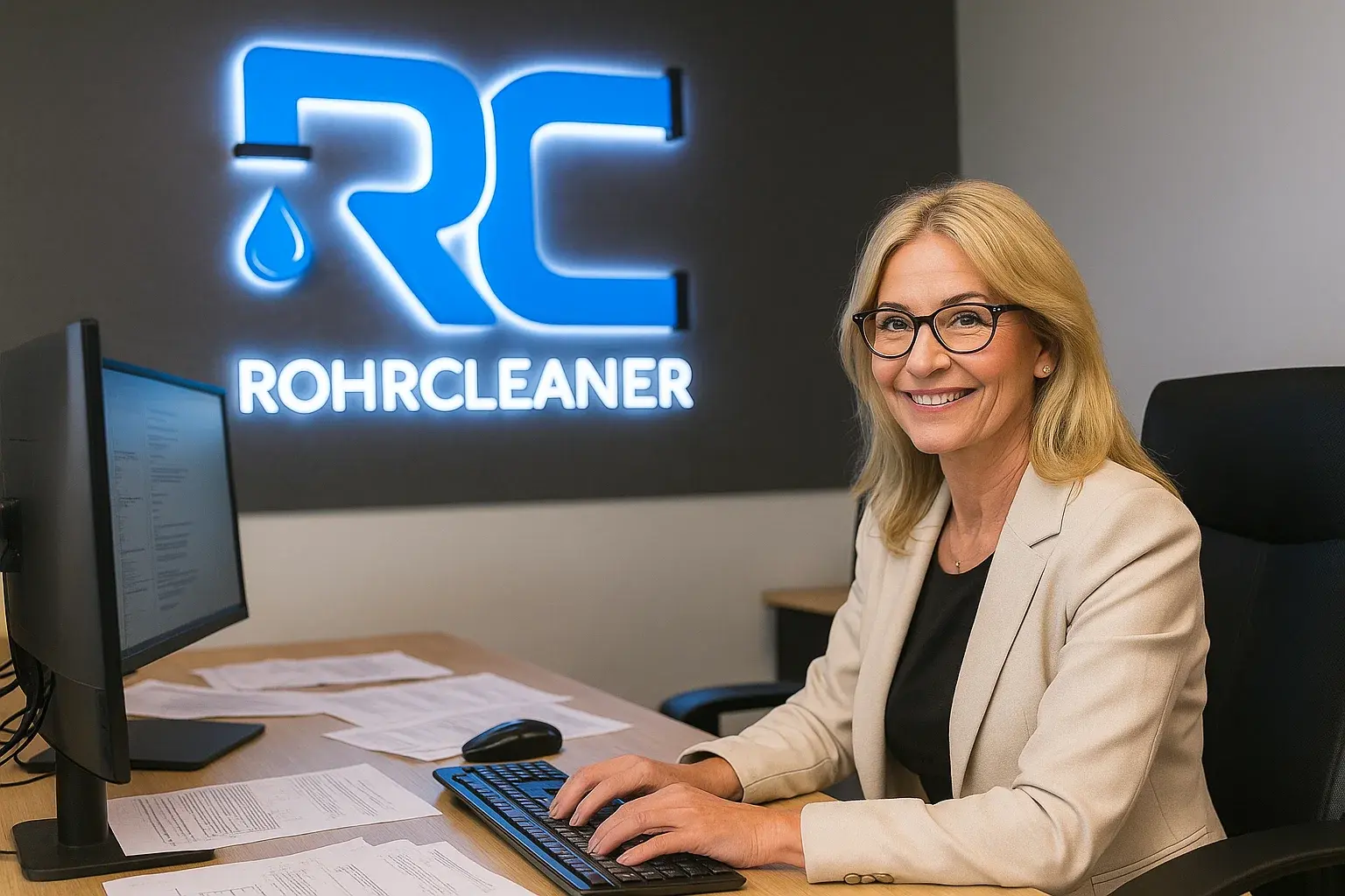 Freundliche Mitarbeiterin im service eines Rohrreinigungsunternehmens am Arbeitsplatz.